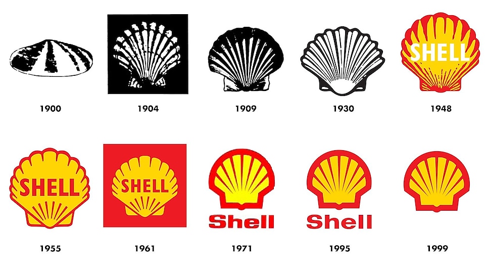 На зображенні показано як змінювалися емблеми Shell від 1900 року до сучасної версії