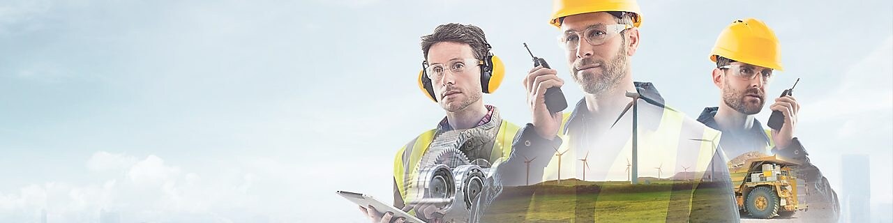 three workers on radios and reading documents, transposed over a background of blue sky with light clouds